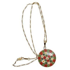 24kgp on 925 Millefiori Pendant Necklace 16" 24KHR Figaro Chain Handcrafted